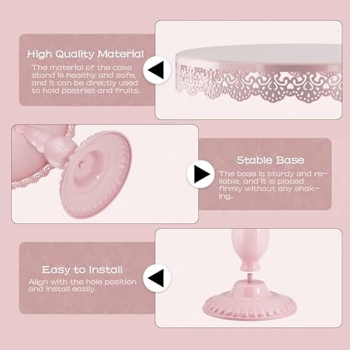 3 PCS Pink Cake Stands (8"&10"&12" Plate), Cupcake Stand with a lace Hollow Border Metal Cake Stand Set for Birthday Party, Wedding, Anniversary, Baby Shower - Image 3