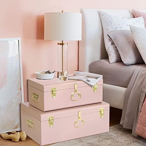 Vixdonos Decorative Metal Box Storage Trunks Set of 2 College Dorm Chest with Handle (Pink) - Image 4