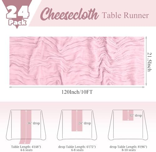 24 Pack Pink Table Runner 10Ft Cheesecloth Table Runner Rustic Gauze Table Runners Romantic Long Sheer Fabric Cheese Cloth Table Runners for Wedding Party Bridal Baby Shower(Light Pink) - Image 2