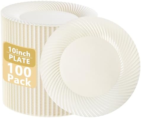 IOOOOO 100Pcs 10" Ivory Plastic Dinner Plates, Heavy Duty Disposable Plates by I00000