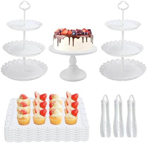 12 Pcs Cupcake Stand White Dessert Table Display Set 2Pcs 3 Tier Plastic Cake Stand Holder 6Pcs Dessert Serving Tray 3pcs Dim Sum Clip 1Pc Iron Cake Stand for Tea Party Wedding Baby Shower (White) by ATRDTO