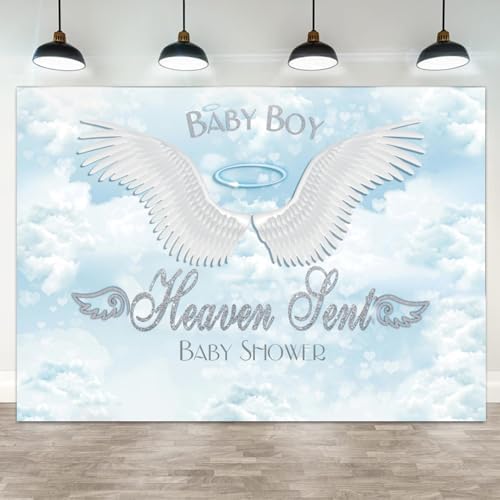 10x7ft Baby Shower Backdrop Baby Boy Heaven Sent Photography Background Angel Wings Blue Sky White Clouds Paradise Prince Boys Party Banner Decorations Newborn Gender Reveal Photo Booth Prop by ASDCXZ