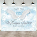 12x6ft Baby Shower Backdrop Baby Boy Heaven Sent Photography Background Angel Wings Blue Sky White Clouds Paradise Prince Boys Party Banner Decorations Newborn Gender Reveal Photo Booth Prop by ASDCXZ