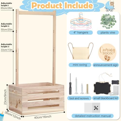 Wooden Baby Shower Crate Closet with Adjustable Handle & Garland, Large Personalized Baby Shower Basket Clothes Hangers Rack Storage Box, Pregnancy Gifts for New Parents Newborn Boy Girl - Image 2