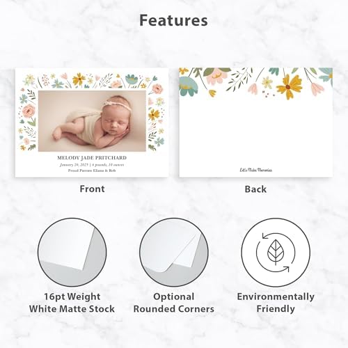 Let's Make Memories Personalized Baby Announcement Cards - Birth, Adoption - Boy, Girl - Premium Quality Custom Photo Cards for Mailing - 5x7 - Includes White Envelopes - Floral Frame - 75 ct - Image 4