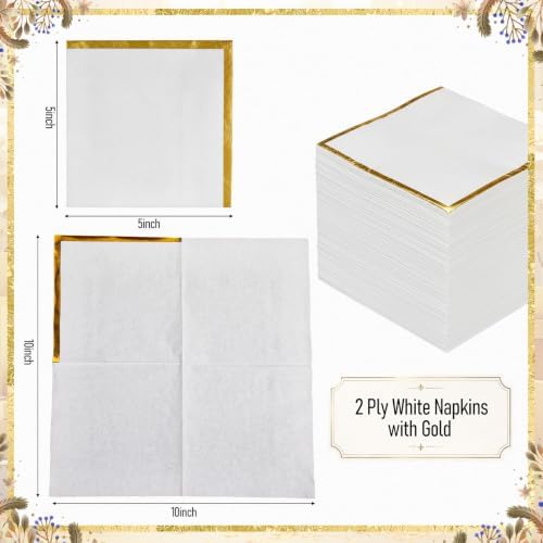 Cocktail Napkins Bulk 2 Ply White Napkins with Gold Trim, 400 Pcs - Image 2