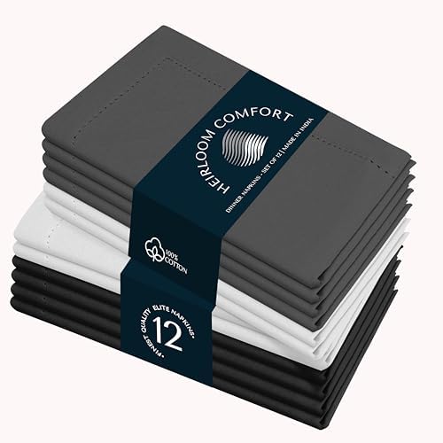 Multi Color Cloth Napkins 18x18 Inch - Set of 12-100% Cotton, Soft, Absorbent - Perfect Hotel Quality Napkin for Table, Dinner, Weddings, Everyday Dining - White, Grey, Black by HEIRLOOMCOMFORT