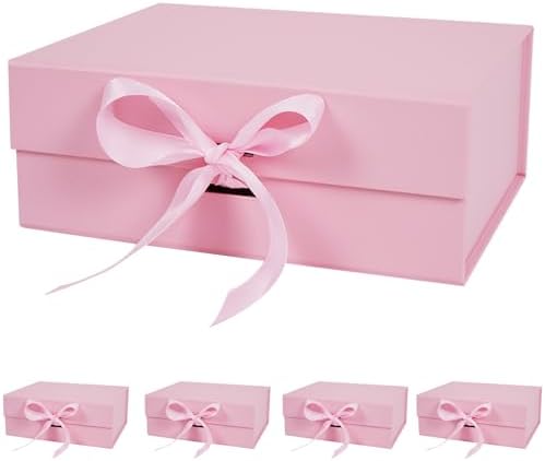 Aimyoo 5 Pack Large Pink Gift Box with Ribbon, 11.5x8.6x4.1 inch Groomsman Proposal Box for Presents with Magnetic Closure Lids, Rectangle Collapsible Luxury Box for Wedding, Christmas, Birthday by Aimyoo