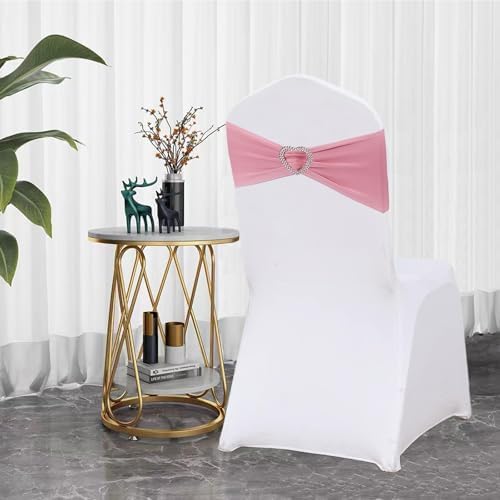 Dusty Pink Chair Sashes 50 Pack Spandex Pink Sashes for Chairs Covers Universal Stretch Chair Sashes Band with Heart Buckle Slider for Wedding Banquet Party Decorations - Image 3
