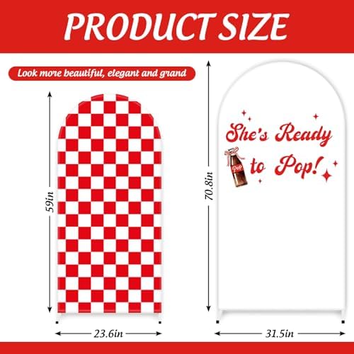 FYSUIMU 2 Pcs She’s Ready to Pop Arch Backdrop Covers Red Plaid Soda Bottle Stretchy Spandex Arch Stand Fabric Cover for Baby Shower Gender Reveal Party Decorations (5ft/6ft) - Image 2