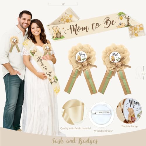 Classic Bear Baby Shower Decorations Set, Vintage Woodland Bear Party Supplies with Backdrop, BABY Boxes, Balloon Garland Arch Kit, Tablecloth, Banner, Mom to Be Sash & Dad to Be Badge - Image 5