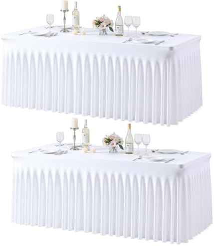 White Table Cloth for 8 Foot Rectangle Tables Fitted Stretch Spandex Table Cover with Skirt 8ft Baby Shower Birthday Party Banquet Ruffle White Tablecloth Wedding Table Cloths Desk Skirt, 2 Pack by LittleFunny