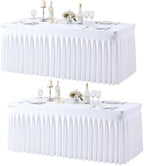 White Table Cloth for 6 Foot Rectangle Tables Fitted Stretch Spandex Table Cover with Skirt 6ft Baby Shower Birthday Party Banquet Ruffle White Tablecloth Wedding Table Cloths Desk Skirt, 2 Pack by LittleFunny