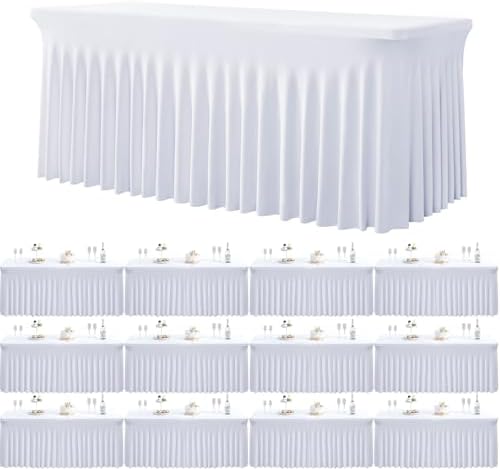 12 Pack White Spandex Tablecloth for 6 Foot Rectangle Tables, Wrinkle Free Fitted Table Cloth Cover 6ft White Stretchy Tablecloths with Skirt for Parties Weddings Birthday Banquet Baby Shower by Htper
