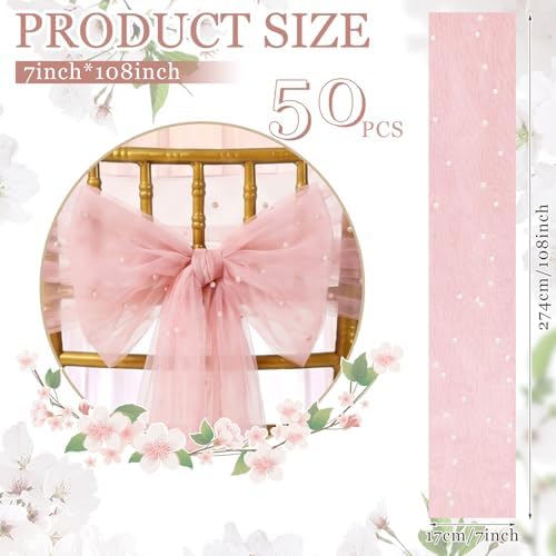 VitalCozy 50 Pack Pink Pearls Vintage Chair Sashes with Bows Wedding Decor - Image 2