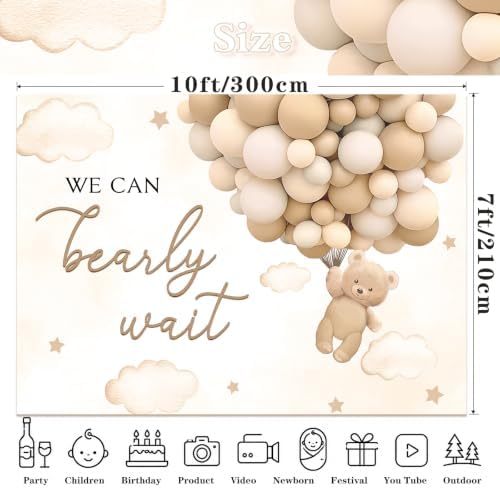 MEHOFOND 10x7ft Bear Baby Shower Backdrop We Can Bearly Wait Baby Shower Party Decorations for Boy Hot Airs Balloons Watercolors Clouds Stars Photography Background Newborn Photo Booth Props (Brown) - Image 4