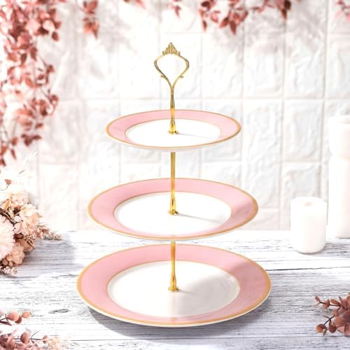 CHENGU 3 Tier Christmas Cupcake Stand Pink Ceramic with Gold Frame by CHENGU