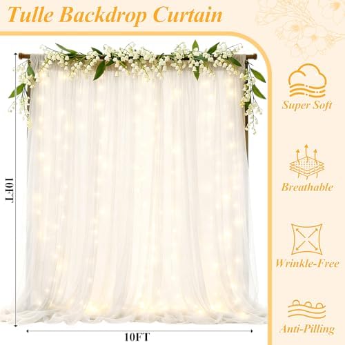 Ledido 10×10ft White Tulle Backdrop Curtain with Light(2 Panels 5×10ft) - Image 2