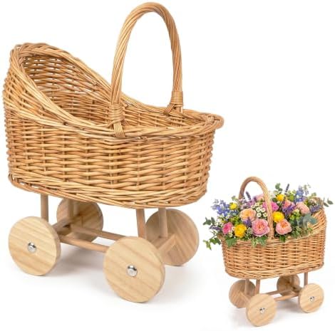 Vintage Wicker Baby Carriage Decor，Woven Rattan Stroller Flower Basket Cart for Wedding Centerpieces, Baby Shower Party Supplies & Nursery Floral Arrangement Props Floral Rustic Home Decor by Unknown