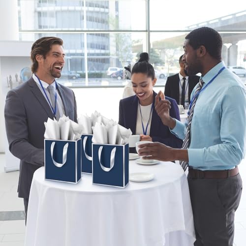 Yeaqee 50 Pcs Metallic Paepr Gift Bags Bulk with Handles,Navy Blue, Silver - Image 6