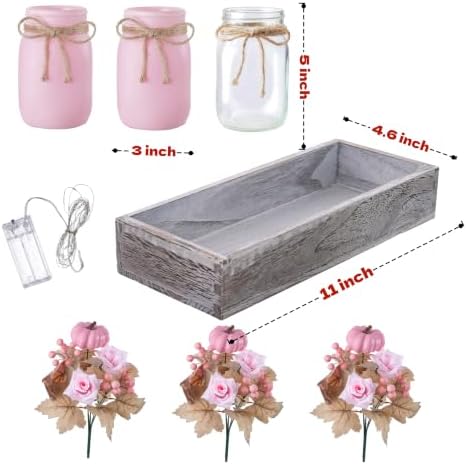 Mason Jar Centerpiece Decor with Wood Tray – 3 Jars Pink Pumpkins - Image 3