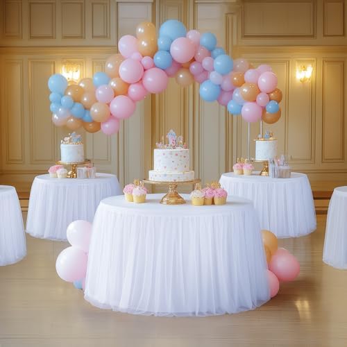 White Round Tablecloth 72 inch Stretchy Elastic Fitted Round Table Cloth Round Cover 132 inch, White Round Tulle Table Cloth with Skirt Wedding Birthday Party Cake Banquet Tables Decoration - Image 6