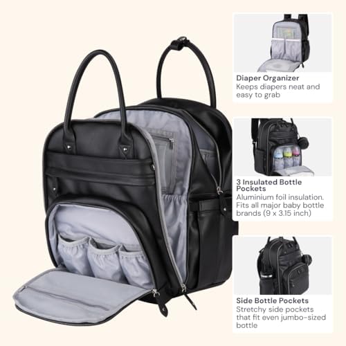 BabbleRoo Leather Diaper Bag Backpack - Baby Essentials Travel Baby Bag, Multi function, with Changing Pad, Stroller Straps & Pacifier Case – Unisex, Black - Image 5