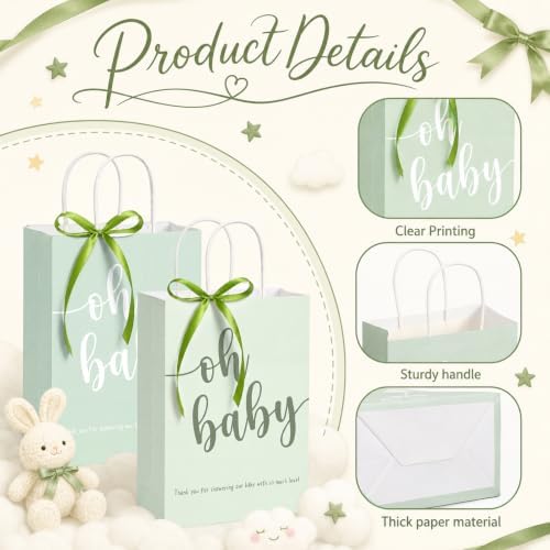 Gersoniel 50 Packs Baby Shower Gifts Bags Bulk 5.91 x 3.15 x 8.27 Inches Baby Shower Favor Bags with Handle Ribbon Thank You Gift for Party Favor for Guests Gifts Gender Reveal (Green) - Image 3