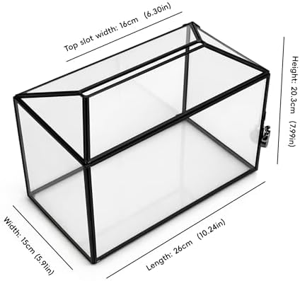 Wedding Glass Cards Box with Slot and Lock, 10.2 x 5.9 x 7.9 Inch, Black Geometric Cards Holder for Birthdays Party Reception, Wishing Well - Slot Length 6.3'' - Image 3