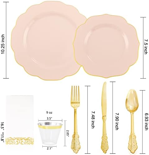 NOCCUR 175PCS Pink Plates with Gold Disposable Silverware - Include 50 Pink Plastic Plates,25 Knives,25 Forks,25 Spoons,25 Cups and 25 Napkins - Ideal for Party/Wedding/Banquet/Baby Shower (Pack of 2) - Image 3