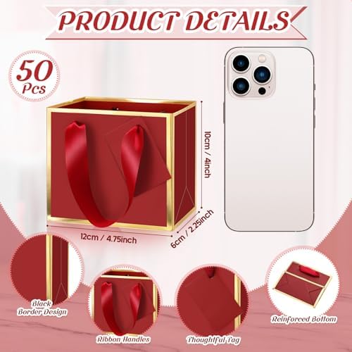 Yeaqee 50 Pcs Mini Metallic Paper Gift Bags with Handle, Burgundy Red, Gold - Image 2