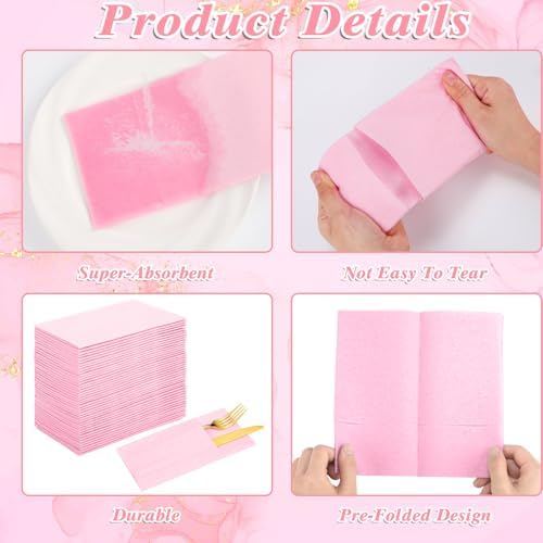 120 Pcs Pink Linen-Feel Paper Napkins with Built-in Flatware Pocket - Image 4