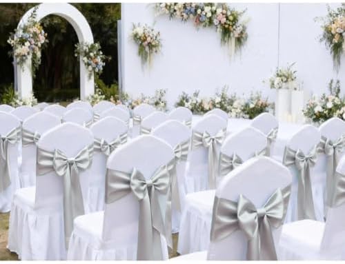 50 Pack Satin Silver Chair Ribbons for Wedding Party Decor - Image 3