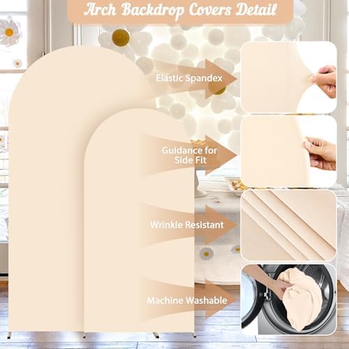 Champagne Arch Backdrop Cover 2 Set - 7.2FT, 6FT Spandex Fitted Wedding Arch Stand Covers Round Top Chiara Arch Backdrop Stands Cover for Birthday Parties Banquet Photo Background Decoration - Image 3