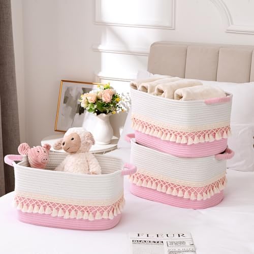 3 Pack Storage Basket for Shelves, Boho Cotton Rope Storage Bins with Heavy Tassel, Shelf Baskets Large Woven Baskets for Organizing, Cube Organizer Bins, Baby Laundry Basket for Clothes, Toys, Pets - Image 2