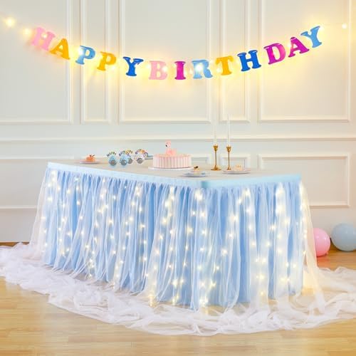 PARTISKY Blue Tulle Tutu Table Skirt for Rectangle Tables or Round Table,Led Light String Table Cloth for Boys Girls Baby Shower Baby Shark Themed Party Dessert/Cake Tables - Image 3