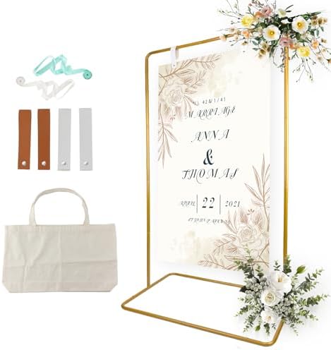 Wedding Sign Holder, Adjustable Welcome Sign Stand w/ Leather Hanging Strap, Satin Ribbon & Carry-on Bag, Heavy Duty Easel Stand for Wedding Seating Chart, Display & Poster (Gold) by TPFWTD