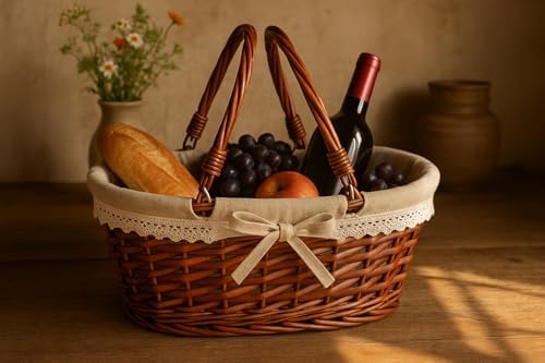Wicker Gift Baskets Empty Oval Willow Woven Picnic Basket Easter Candy Basket Wine Basket with Handle Egg Gathering Wedding Basket (Brown) - Image 4