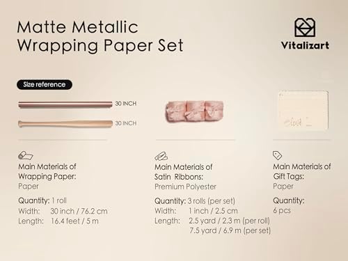 Vitalizart Matte Metallic Pink Wrapping Paper Set 30" Ribbons & Gift Tags - Image 2