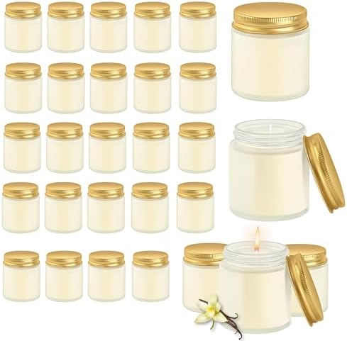 24 Pcs 4 Oz Mason Jar Candles, Vanilla Scented Soy Candles Bulk Set for Stress Relief and Relaxation, Great Favors for Wedding, Christmas, Housewarming Gifts (Gold,Frosted Glass, Vanilla, 24) by Unknown