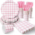 350 PCS Pink Gingham Disposable Dinnerware Set, Decagonal Paper Plates 7 & 9 Inch, Napkins, Cups & Cutlery, Checkered Party Supplies for Baby Shower Birthday Bridal Shower Picnic by Unknown
