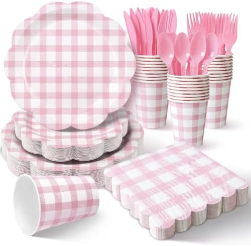350 PCS Pink Gingham Disposable Dinnerware Set, Decagonal Paper Plates 7 & 9 Inch, Napkins, Cups & Cutlery, Checkered Party Supplies for Baby Shower Birthday Bridal Shower Picnic by Unknown