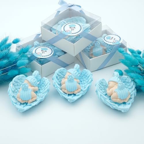 Blue Baby Shower Favor Set, 16 Stone Angel Magnets with Wings, boy Gender Reveal Thank You Tags, Baptism & Communion Favors (Blue) - Image 4
