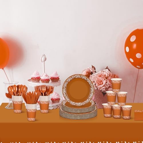 Havawish 177 Pcs Cielito Lindo Party Decoration Platos De Barro Mexicanos Fiesta Tableware Set Mexicanos Talavera Plates Cups Napkins Tablecloths Baby Shower(Terracotta Color,White Flower) - Image 5