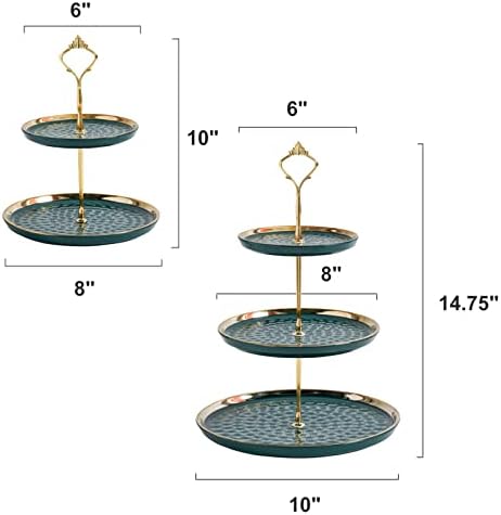 Tosnail Set of 2 Porcelain Cupcake Stand Ceramic Dessert Stand Tiered Serving Trays with Gold Rod, 3 Tiers and 2 Tiers Cake Stand Party Serving Trays Fruit Pastry Holders for Wedding and Party, Green - Image 2