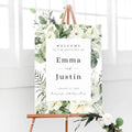 Personalized White Floral Greenery Wedding Welcome Sign, Customized Rehearsal Dinner Couples Shower Anniversary Party Welcome Poster Board Canvas by BlissfulMelodyDesign
