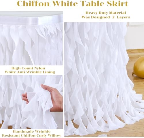 Partisky White Tulle Curly Willow Table Skirt for Rectangle Table 9ft, Ruffle Tutu Table Cloth for Wedding,Bridal Shower, Baby Shower,Birthday Party - Image 5