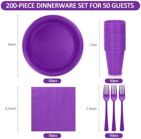 200pcs Purple Plastic Plates Party Supplies, Disposable Purple Party Plates, 50 of Each 9" Dinner Plate, Napkins, Cups & Cutlery Dinnerware Party Decorations for Birthday, Wedding, Halloween - Image 2