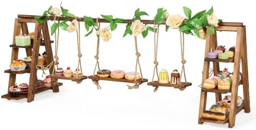 3 Tier Wooden Cupcake Stand with Swing & Flower Decor for Cake Fruit Snack by Beolisav