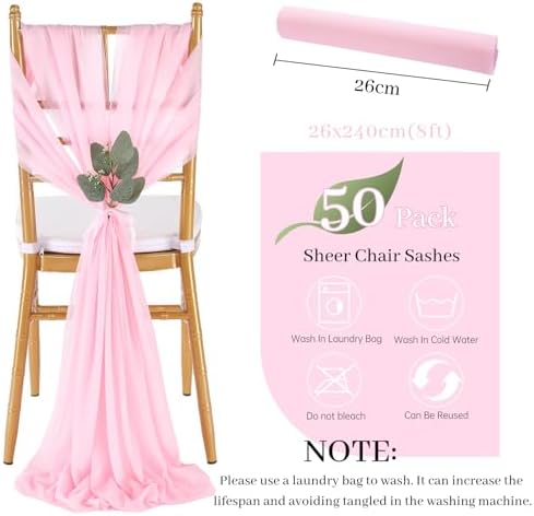 QueenDream Pink Chair Sashes Wedding Aisle Decorations: 50 Packs 8ft Long Draping Fabric Sheer Church Chair Cover Bulk for Party Banquet - Image 5